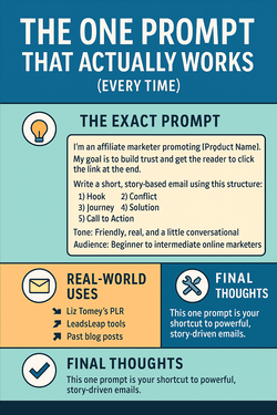 Infographic titled “The One Prompt That Actually Works (Every Time)” showing a powerful ChatGPT email prompt, real-world applications, pro tips, and closing advice.