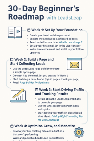 Infographic titled “30-Day Beginner’s Roadmap with LeadsLeap” with four weekly sections guiding users through setup, traffic, tracking, and monetization.