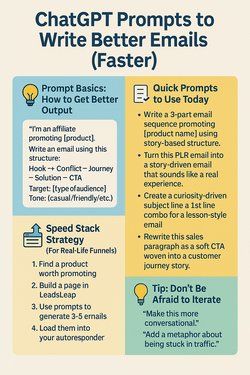 Infographic titled “ChatGPT Prompts to Write Better Emails (Faster)” featuring four sections with icons: Prompt Basics, Quick Prompts, Speed Stack Strategy, and Iteration Tips.