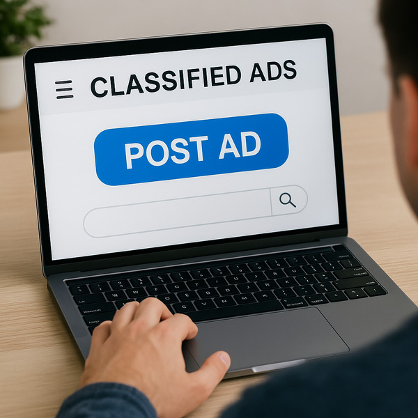 A person posting a classified ad online using a laptop, with a visible "Post Ad" button on the screen.