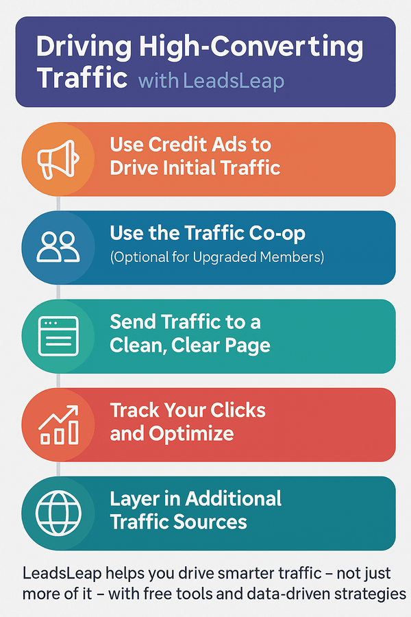 Infographic listing five steps for driving high-converting traffic using LeadsLeap, including credit ads, co-op traffic, tracking, and optimization.