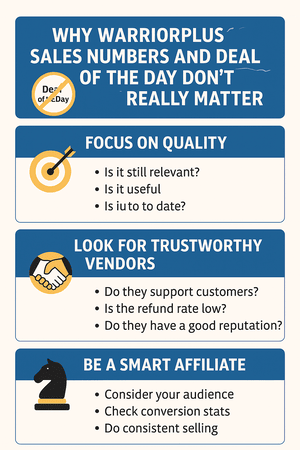 Infographic titled “Why WarriorPlus Sales Numbers and Deal of the Day Don’t Really Matter,” with sections highlighting product quality, vendor trust, and affiliate strategy.