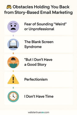 Infographic titled “Obstacles Holding You Back from Story-Based Email Marketing” highlighting five blocks such as fear, blank screen syndrome, perfectionism, and time.