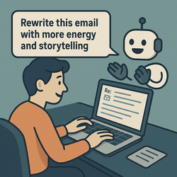 AI assistant helping a person rewrite email content on a laptop in real time