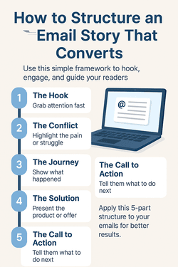 Infographic titled “How to Structure an Email Story That Converts,” outlining five key elements: Hook, Conflict, Journey, Solution, and CTA.