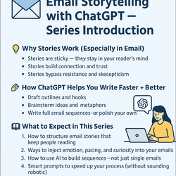 Infographic introducing an email storytelling series using ChatGPT, highlighting benefits like trust-building, faster writing, and AI-powered prompts.
