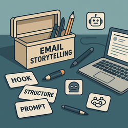 A digital toolkit labeled "Email Storytelling" with tools like prompt cards, pens, and AI icons spread across a desk