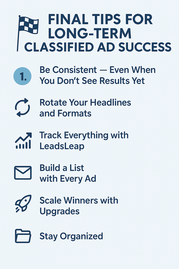 A clean infographic listing six final tips for long-term success with classified ads, including consistency, tracking, and scaling winners.