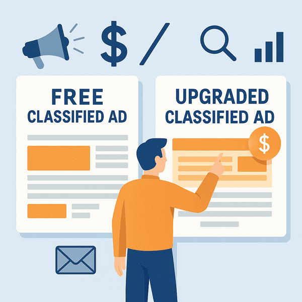 Side-by-side comparison of a free vs. upgraded classified ad, highlighting features and differences using a clean, digital card interface.