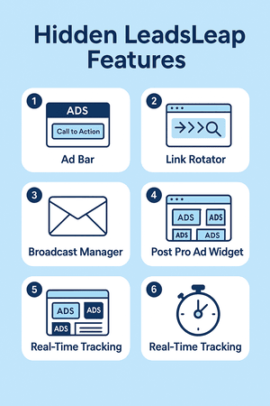Infographic highlighting six hidden LeadsLeap features including Ad Bar, Link Rotator, Sub-ID tracking, Broadcast Manager, Post Pro Widget, and Real-Time Stats.