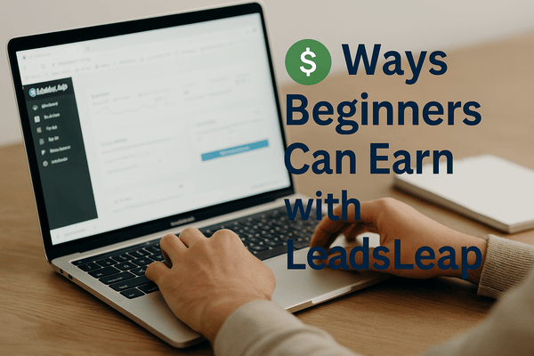 A beginner working on a laptop with the LeadsLeap dashboard open, focused on learning how to earn online.