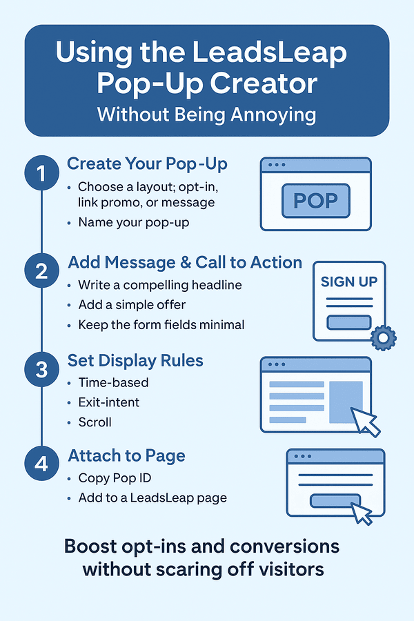 Infographic titled “Using the LeadsLeap Pop-Up Creator” with four visual steps covering setup, message writing, display settings, and page integration.