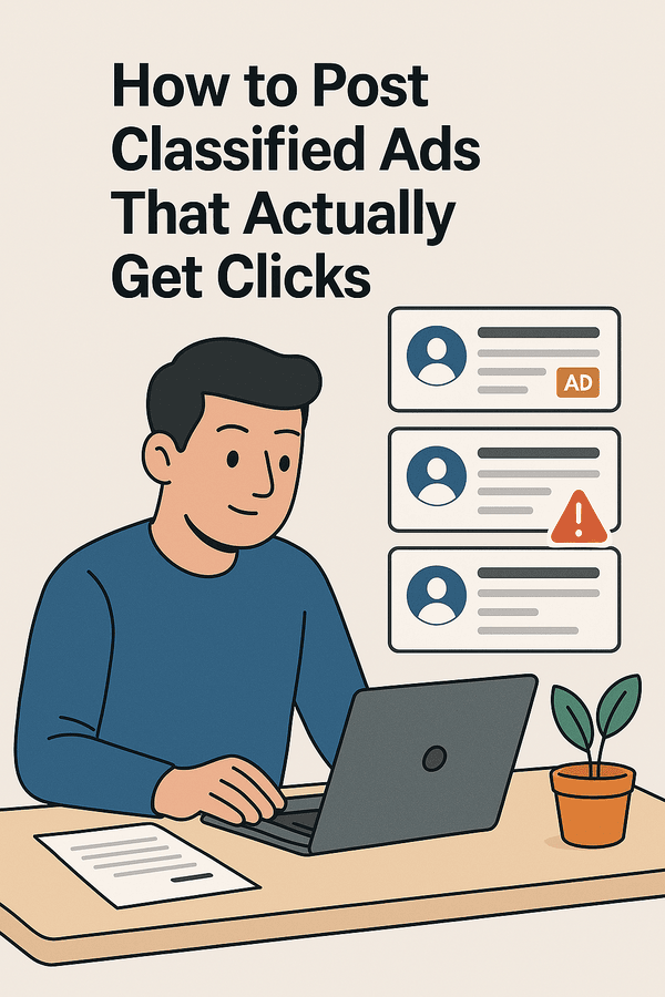 A man posting online classified ads on a laptop, surrounded by stacked ad previews and marketing materials.