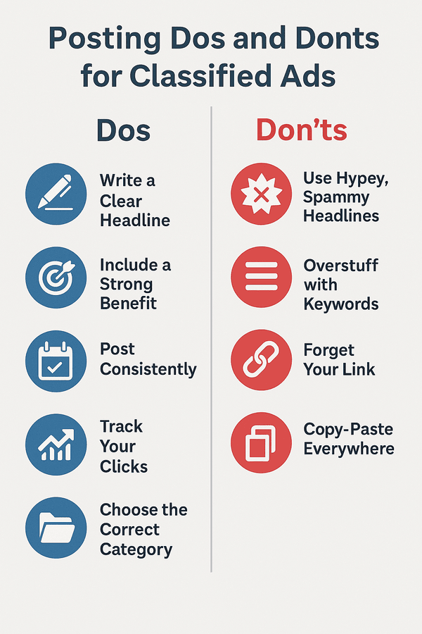 Infographic comparing posting dos and don'ts for classified ads, including tips for strong headlines, clear value, and avoiding spammy tactics.