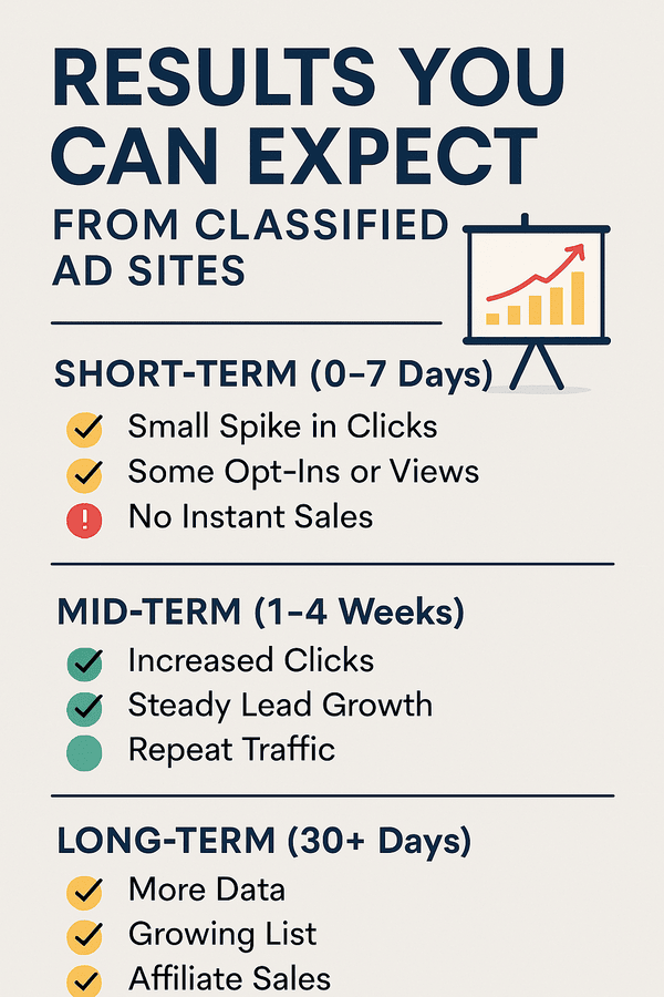 Infographic showing short-term, mid-term, and long-term results from classified ad sites, with icons and milestones over time.