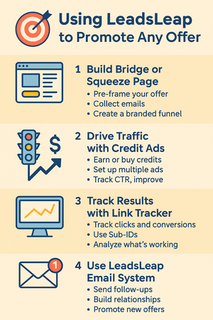 Infographic titled “Using LeadsLeap to Promote Any Offer” showing four steps: create a page, drive traffic, track performance, and follow up via email.
