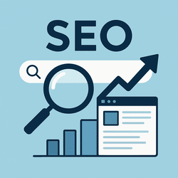 SEO concept with magnifying glass over search bar and upward arrow showing website traffic growth